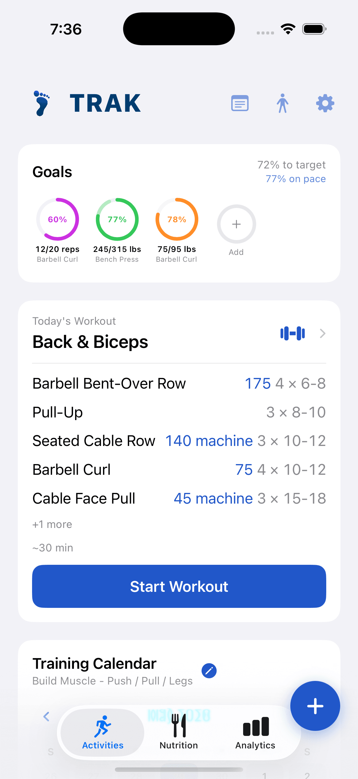 TRAK activities screen showing goals, today's workout and training calendar