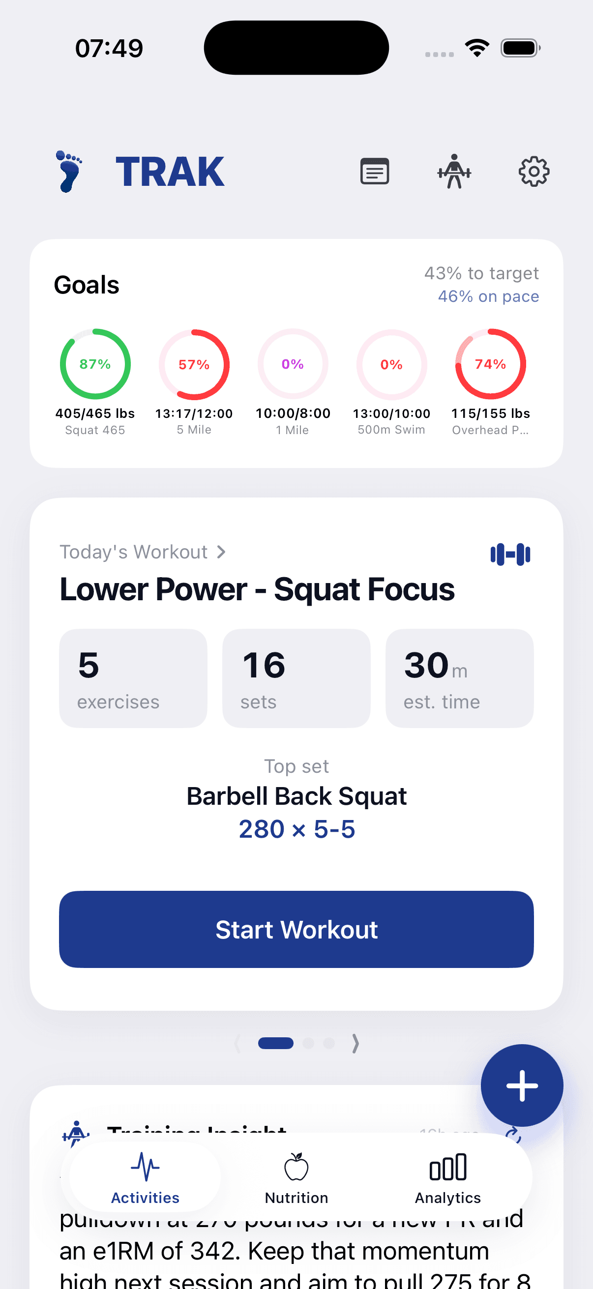 TRAK workout screen prescribing today's session